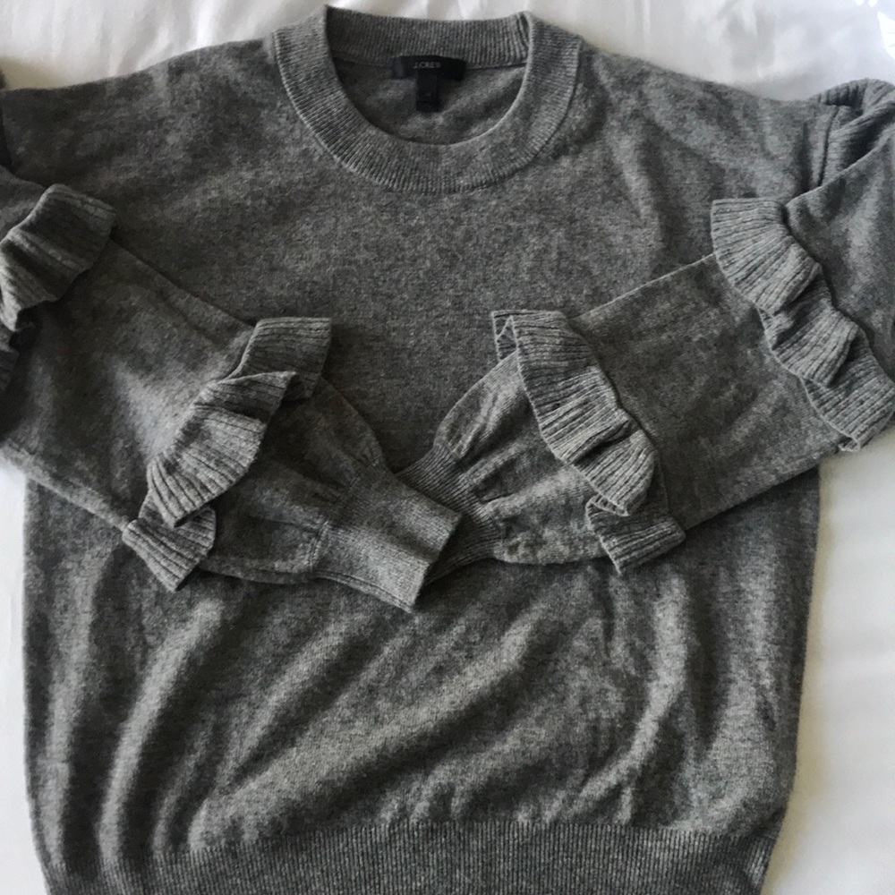 Grey ruffle sleeve JCrew sweater